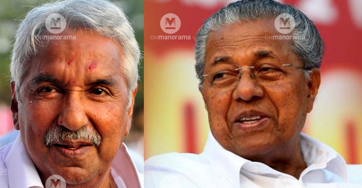 Chandy and Pinarayi L-R: Oommen Chandy displays the injuries he sustained during stone pelting in October 2013. Kerala Chief Minister Pinarayi Vijayan.