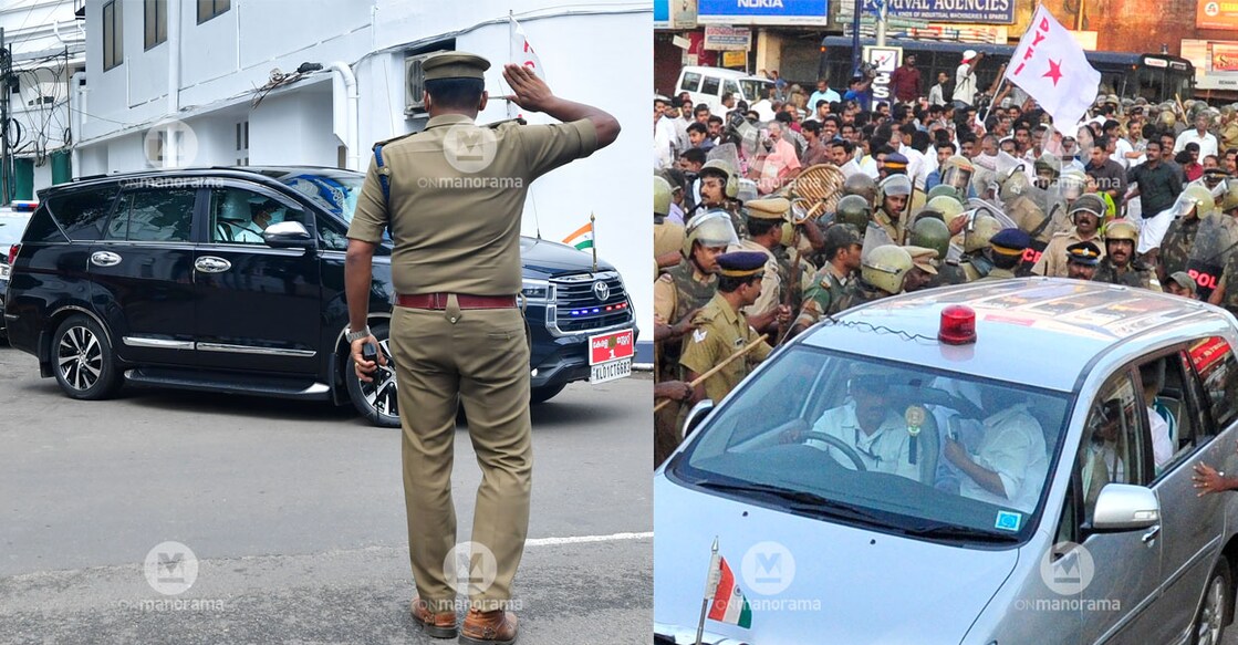 L-R: Policemen clear the way for Kerala CM Pinarayi Vijayan's car. On October 27, 2013, the car of then CM of Kerala, Oommen Chandy was stopped and attacked by DYFI activists in Kannur. 