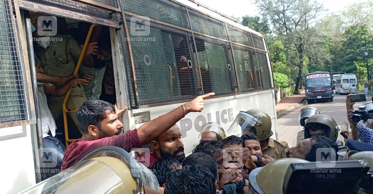 Protest Youth Congress workers arrested and removed by police in Kannur. Photo: Sameer A Hameed/Manorama