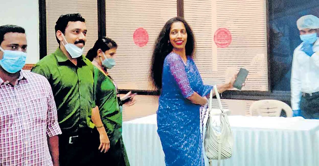 Anitha Pullayil snapped at Loka Kerala Sabha. Photo: Screen grab/MMTV
