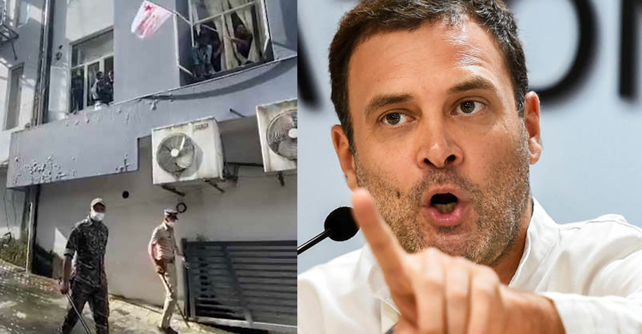 A screengrab of SFI attack on Rahul Gandhi's (right) office at Kalpetta in Wayanad on Friday. 