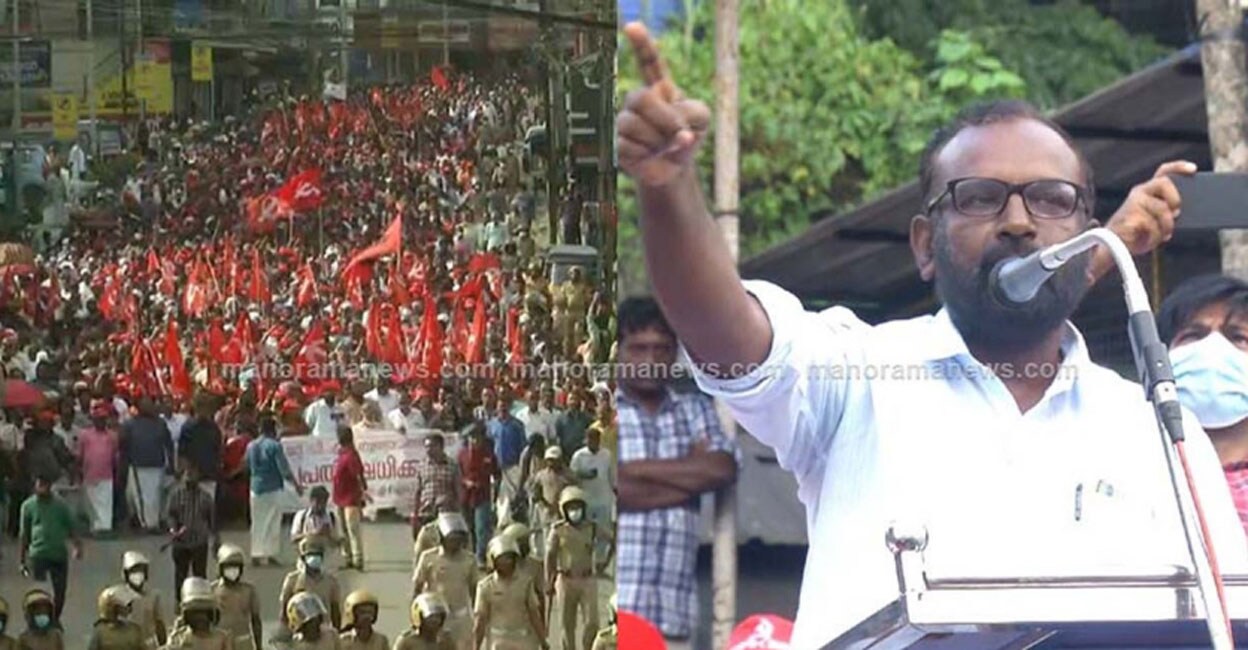 L-R: CPM rally in Wayanad on Sunday. P Gagarin, Secretary, CPM's Wayanad district committee, addressing the gathering. 