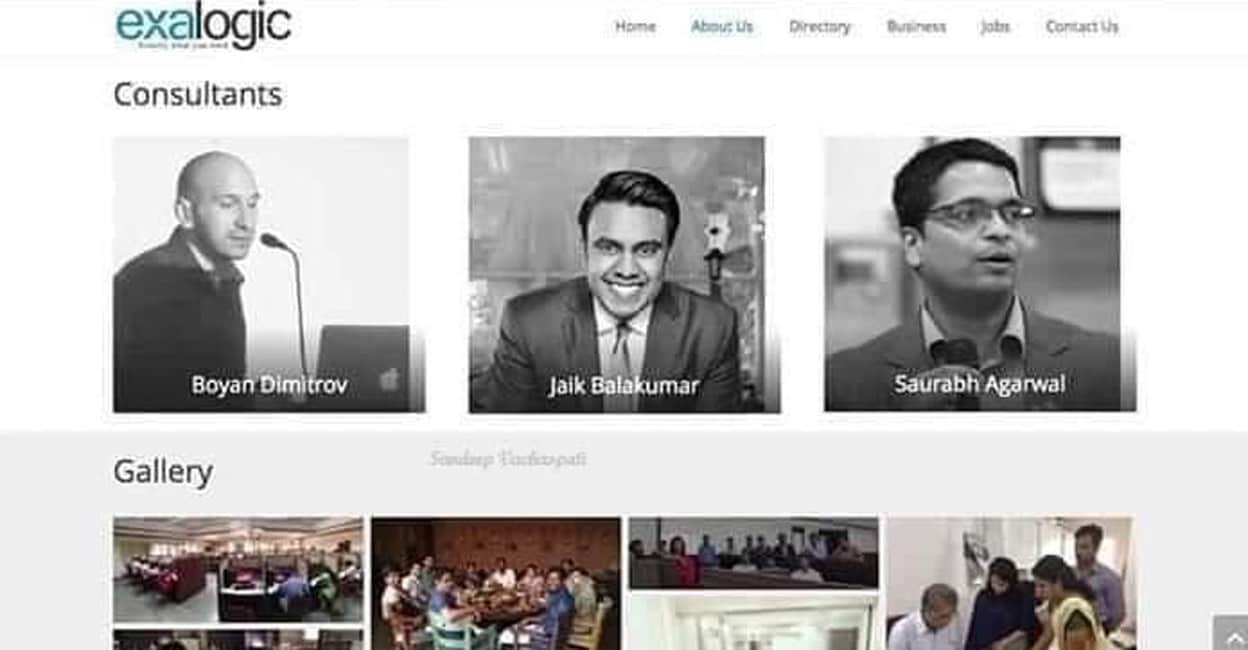 Jaik Balakumar Screenshot of Exlogic Solutions website showing Jaik Balakumar's name and photograph. Photo shared by Muvattupuzha MLA Mathew Kuzhalnadan
