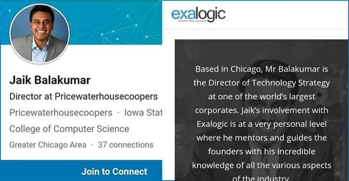 Jaik Balakumar Screenshot showing Jaik Balakumar's name and details on Exlogic Solutions website. Photo shared by Muvattupuzha MLA Mathew Kuzhalnadan