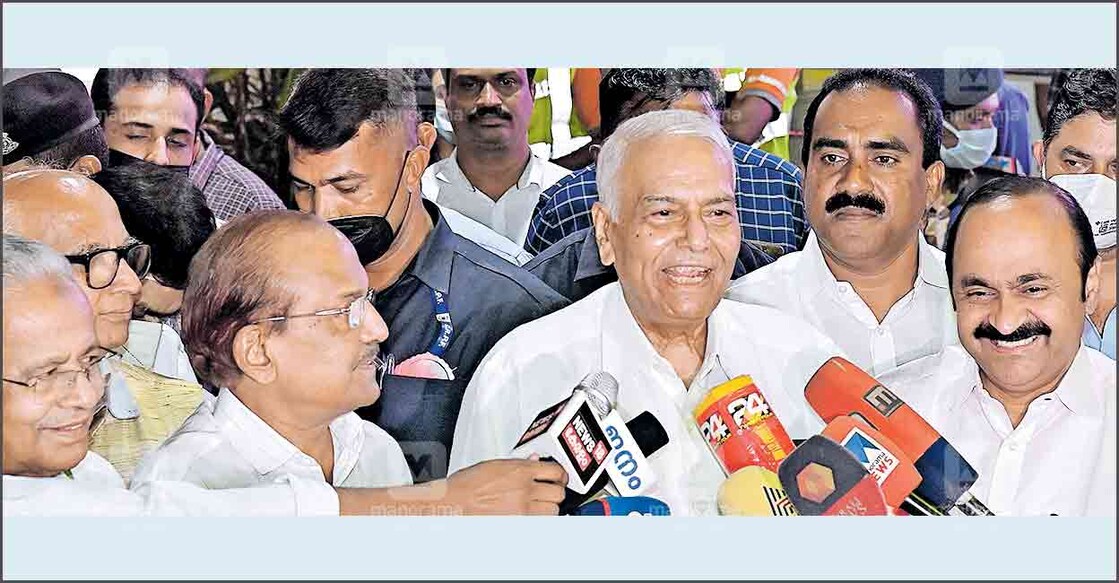 Presidential candidate Yashwant Sinha when he arrived at the Thiruvananthapuram airport on Tuesday. Opposition Leader VD Satheesan, and MLAs P K Kunhalikutty and Anwar Sadath, among others, reached the airport to receive Sinha. PHOTO: Manorama