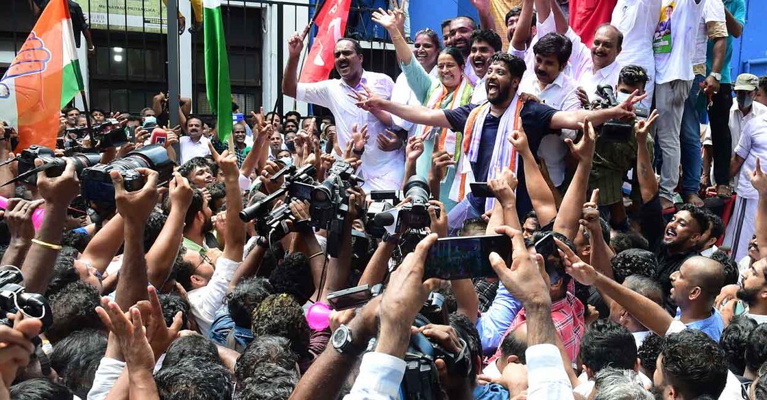Uma Thomas (centre) meets supporters after her thumping victory in Thrikkakara. Uma Thomas (centre) meets supporters after her thumping victory in Thrikkakara.