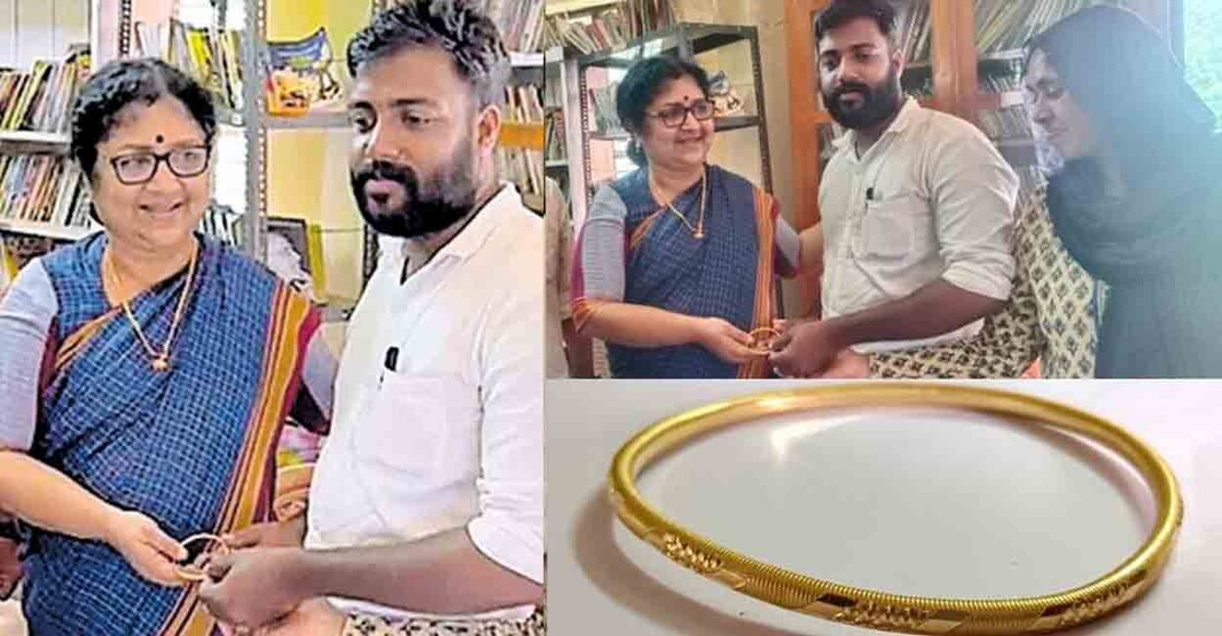 Minister R Bindu hands over her bangle to the committee formed to raise funds for the kidney transplant surgery of Karuvannur native Vivek. Photo: Manorama