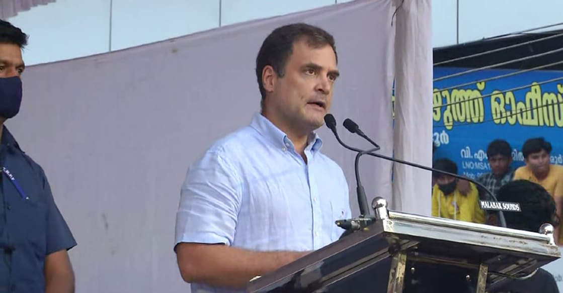 Rahul Gandhi Rahul Gandhi at a public event at Wandoor in Malappuram on Saturday.