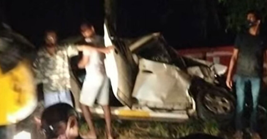 The taxi car that was destroyed in the accident at Kottekkad in Thrissur on Wednesday night. 