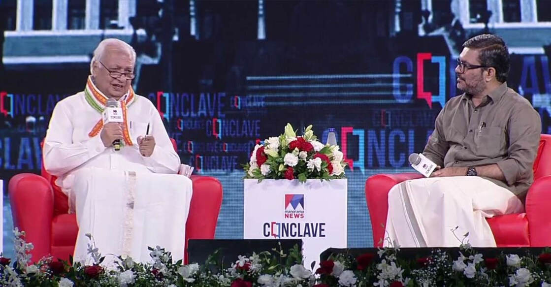 arif-mohammed-khan-mb-rajesh Kerala Governor Arif Mohammed Khan and Speaker M B Rajesh came face to face for a dialogue at the Manorama News Conclave 2022. Photo: Onmanorama