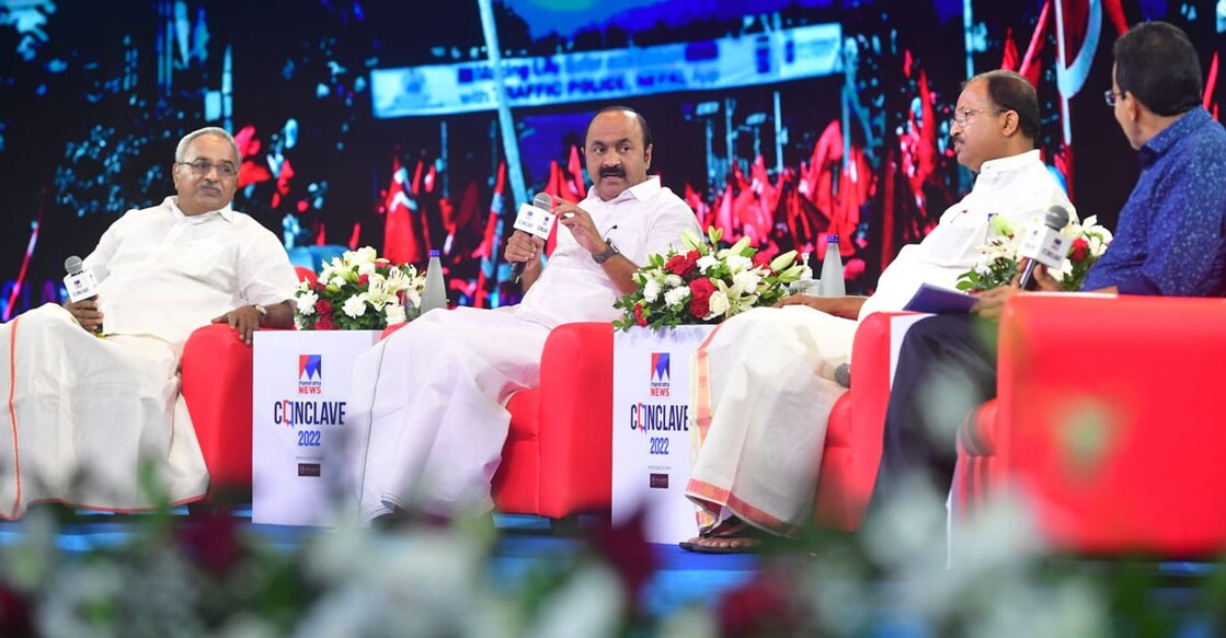Kanam Rajendran, VD Satheesan and V Muraleedharan at the session 'Political Expression: Viciously Yours?' at the Manorama News Conclave at Hyatt Regency in Thrissur on Saturday. Photo: Josekutty Panackal