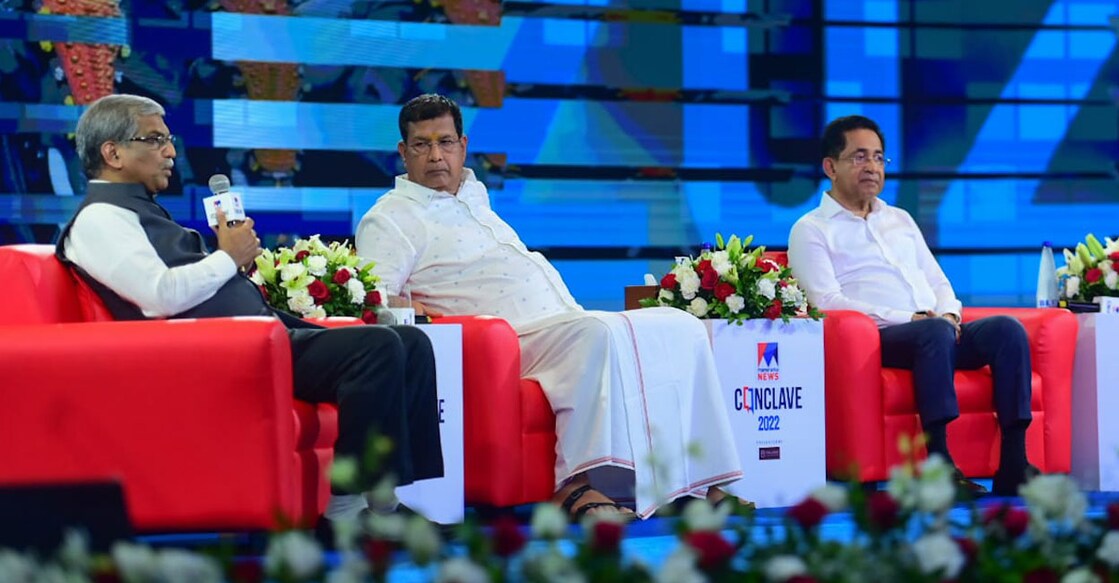K Paul Thomas, Founder, ESAF, TS Pattabhiraman, Chairman & MD, Kalyan Silks and Joy Alukkas, MD, Joyalukkas attend the session 'Business Sutra: Made in Thrissur' at the Manorama News Conclave. Photo: Vishnu V Nair