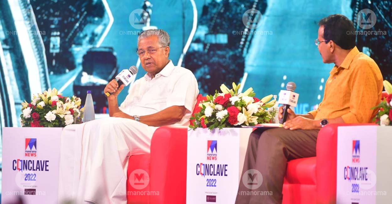 Kerala Chief Minister Pinarayi Vijayan speaking during a session with senior journalist Johny Lukose at the fourth edition of Manorama News Conclave. Photo: Manorama/Josekutty Panackal