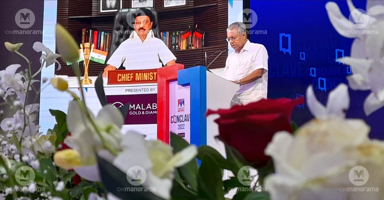 pinarayi-vijayan-stalin-manorama-news-conclave Kerala Chief Minister Pinarayi Vijayan during the inaugural ceremony of Manorama News Conclave 2022. Tamil Nadu CM M K Stalin has joined the event through video conferencing from Chennai. Photo: Josekutty Panackal