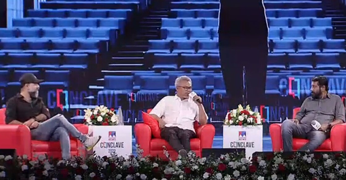 Unni R, Anwar Ali and Siddique attend the session, 'Cinema: Invisible Scissors', at the Manorama News Conclave. 