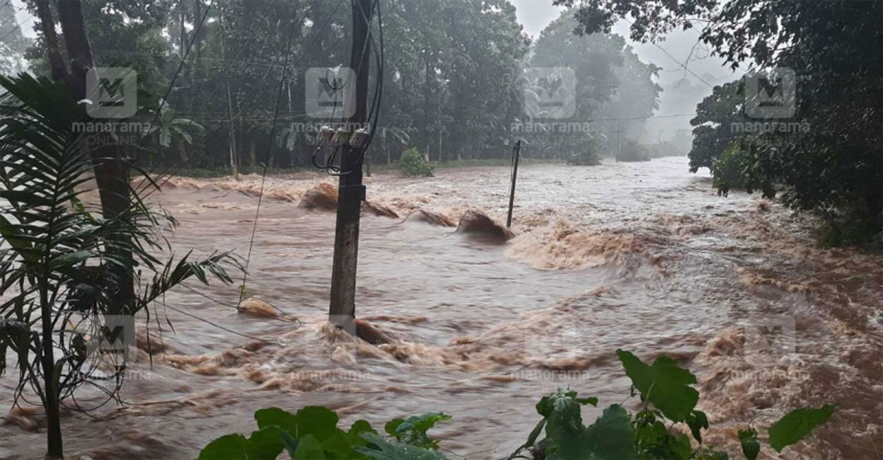 When floodwater breached the Moonilavu Town in Kottayam district on Sunday.
