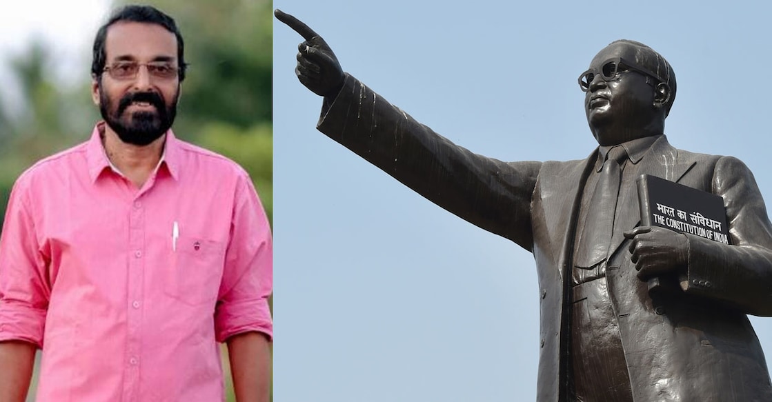Murali Perunelly MLA (left) and a statue of Dr BR Ambedkar. 