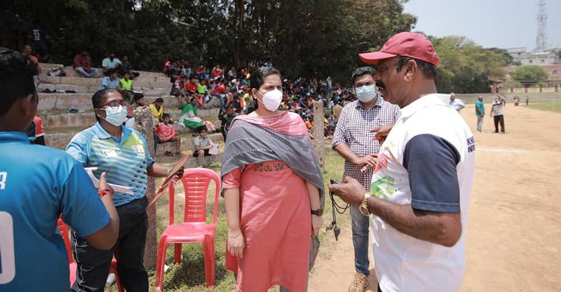 Mayor Arya Rajendran during her visit to the selection camp that was held at Thiruvananthapuram Central Stadium. PHOTO: Facebook/Arya Rajendran