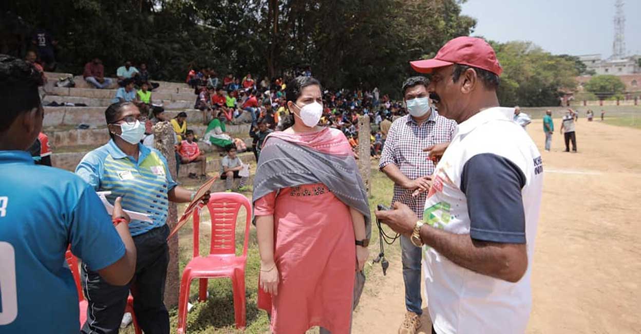 Mayor Arya Rajendran during her visit to the selection camp that was held at Thiruvananthapuram Central Stadium. PHOTO: Facebook/Arya Rajendran