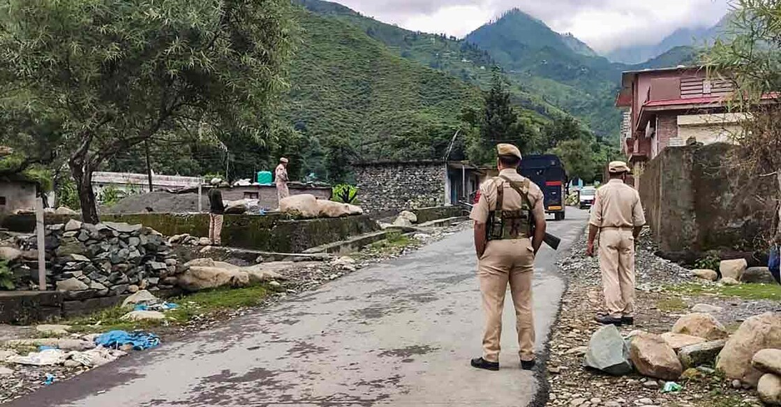 Security personnel guard near the encounter site after a suicide attack bid at an army camp in Darhal area of Rajouri, J & K, Thursday, Aug 11, 2022. Three army men and two fidayeen (suicide attackers) were killed in a pre-dawn attack on an army camp in the border district. Photo: PTI