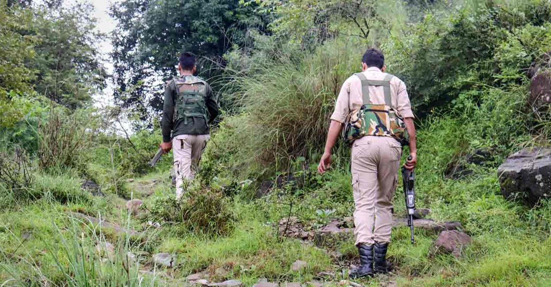  Security personnel near the encounter site after a suicide attack bid at an army camp in Darhal area of Rajouri, J & K, Thursday, Aug 11, 2022. Three army men and two fidayeen (suicide attackers) were killed in a pre-dawn attack on an army camp in the border district. Photo: PTI