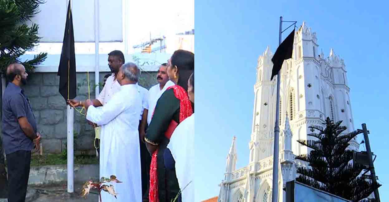 Black flags were hoisted in churches of the Latin Archdiocese in Thiruvananthapuram on Tuesday. Photo: Manorama