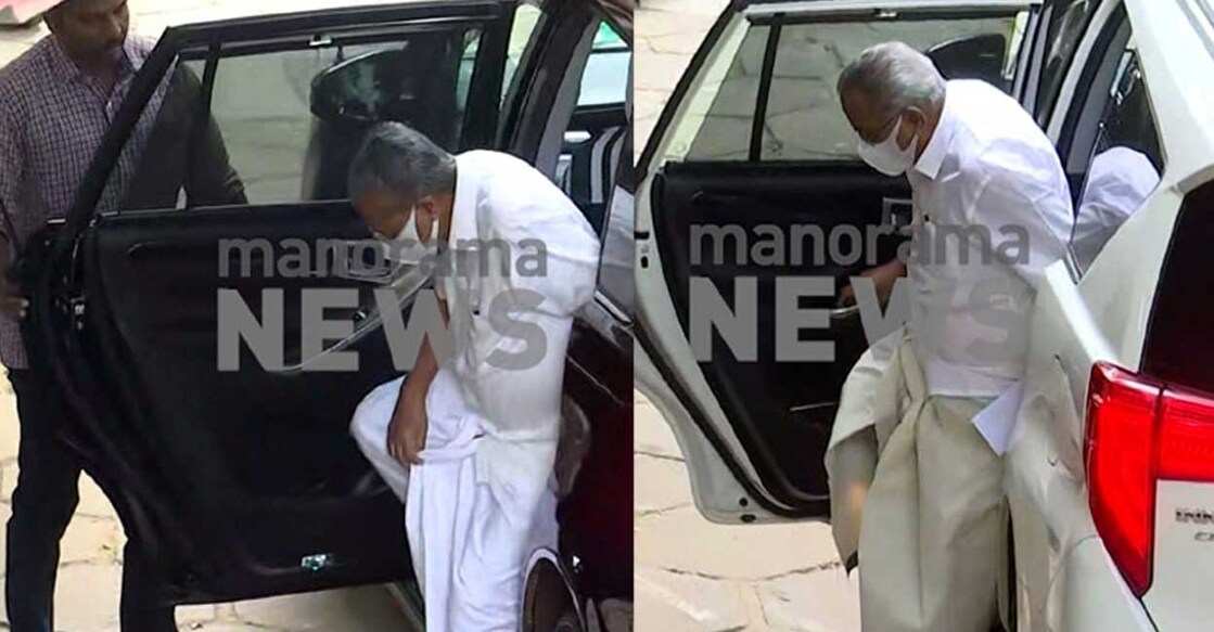 Chief Minister Pinarayi Vijayan and CPI state secretary Kanam Rajendran arrive at AKG Centre, Thiruvananthapuram, for the talks on the proposed Kerala Lokayukta (Amendment) Ordinance on Sunday. Photos: Screengrab/Manorama News