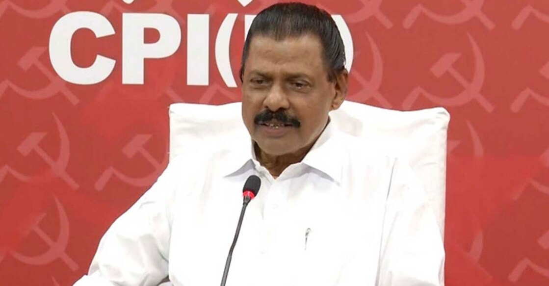 MV Govindan addresses the media at the AKG Centre in Thiruvananthapuram on Sunday. 