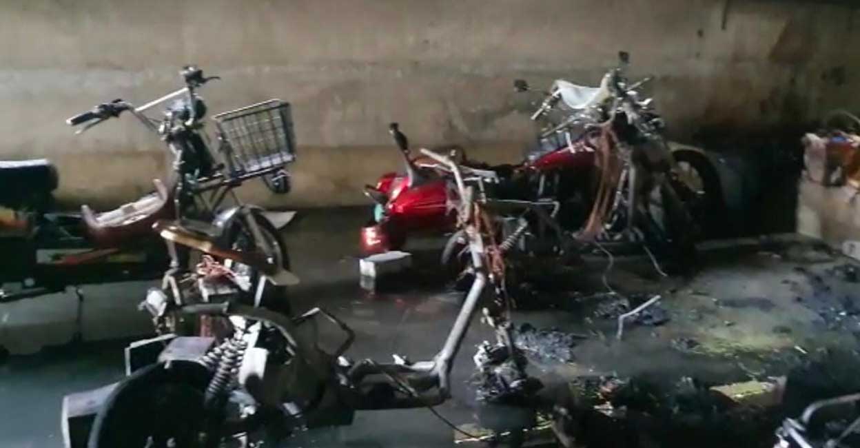 The two-wheelers that were gutted in the fire that broke out at a showroom in Nadakkavu in Kozhikode on Wednesday, August 31, 2022. PHOTO: MT Vidhuraj