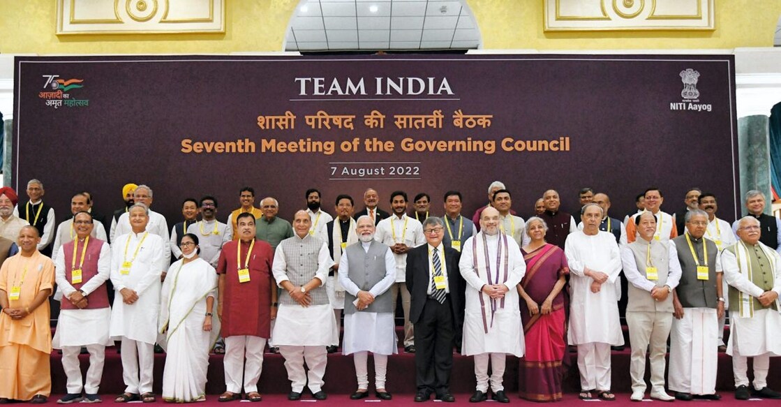 Prime Minister Narendra Modi and other Ministers and Chief Ministers of States/UTs at the 7th Governing Council meeting of NITI Aayog at Rashtrapati Bhawan Cultural Centre, in New Delhi, Sunday, Aug 7, 2022. PHOTO: PTI