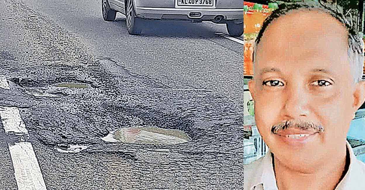Hashim (right), a Manjali native, riding a bike died after falling into a pothole (left) at Nedumbassery along the Edapally-Mannuthi (NH 544) stretch. Photo: Manorama