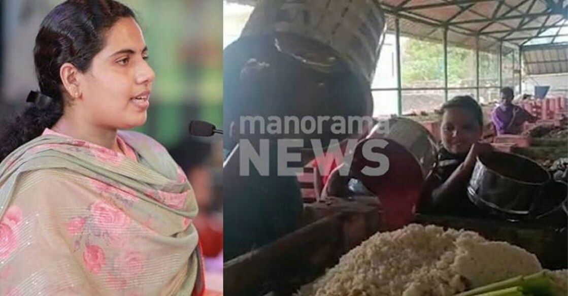 Arya Rajendran (left) and the TV grab of the protest. Photo: Manorama News.