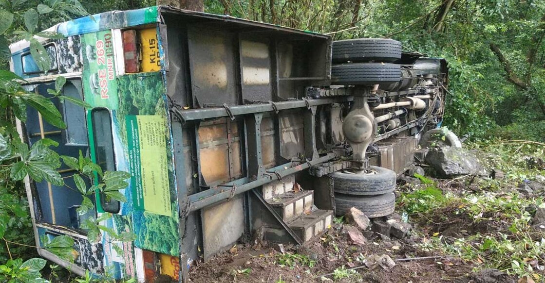 The bus overturned while negotiating a hairpin curve near Neriyamangalam. Photo: Manorama
