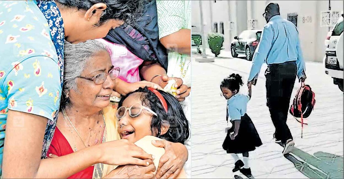 1: Minsa's elder sister Meekha,7, cries inconsolably during the funeral. Photo: Manorama, 2: Minsa's father Abhilash drops her to the school bus Photo: Screengrab/Facebook video