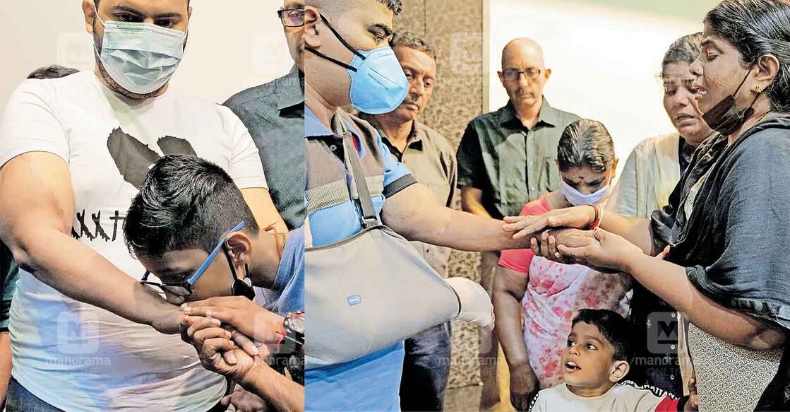 1. Ambili's son kisses Yousif's transplanted hand 2. Vinod’s wife Sujatha and daughter Neethu with Amaresh.  The transplanted hands of Yousif belonged to 39-year-old Ambili from Alappuzha and Amaresh's hands belonged to 54-year-old Vinod, who died in a road accident at his native Kollam on January 4. Photos: EV Sreekumar/Manorama