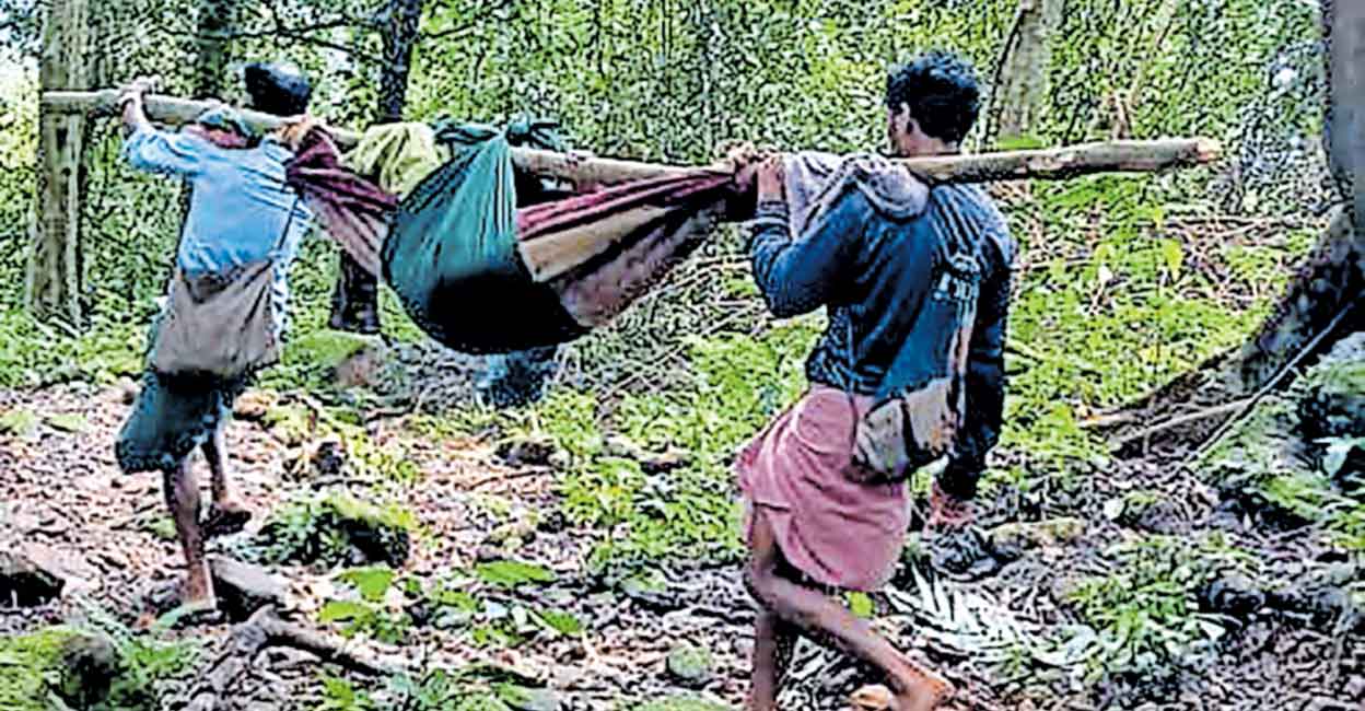 Valli being carried on a manchal through the forest path.