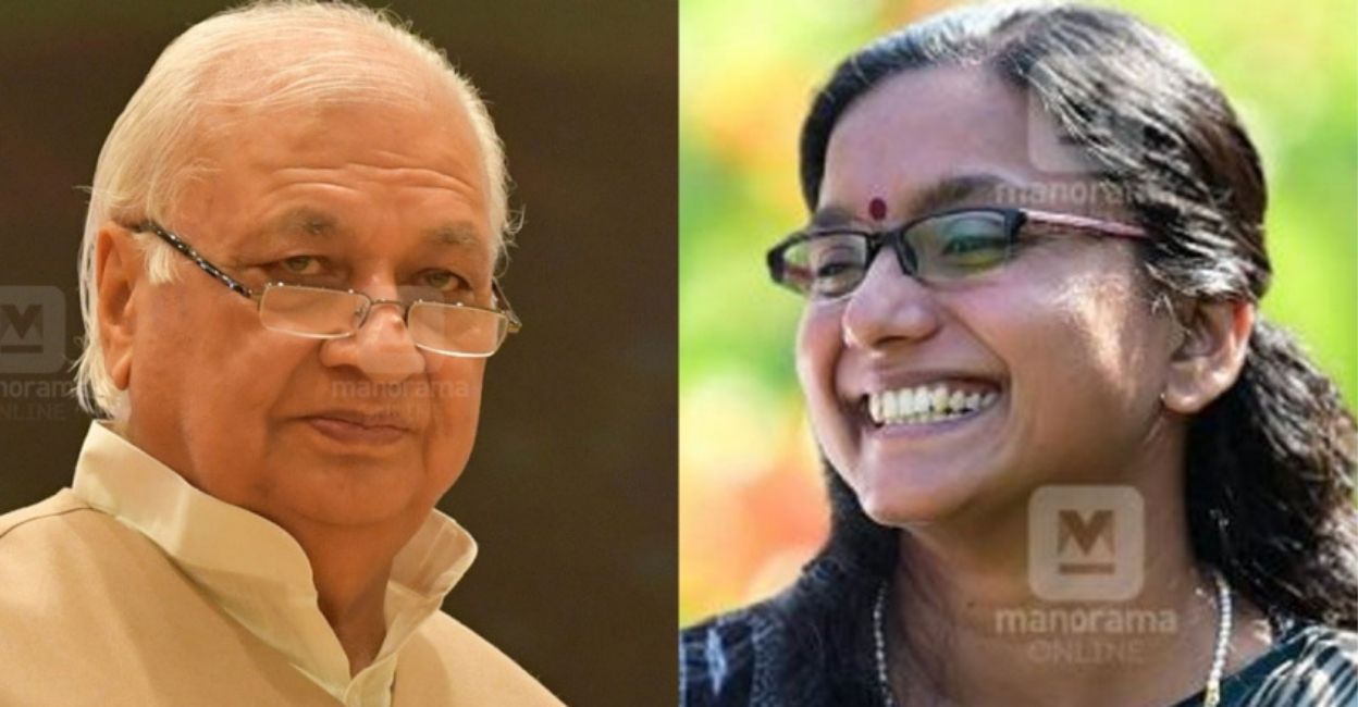 Kerala Governor Arif Mohammed Khan (left) and Priya Varghese (right). Photo: Manorama Online. 
