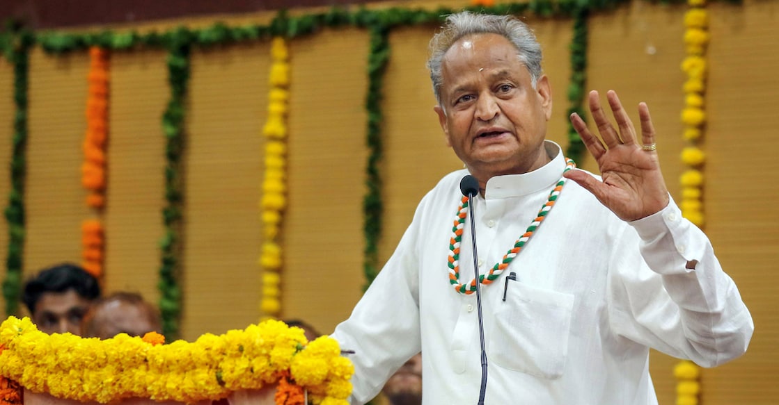 Rajasthan Chief Minister Ashok Gehlot speaks during the State Level Hindi Diwas celebration event, in Jaipur, Wednesday, Sept. 14, 2022. Photo: PTI Photo