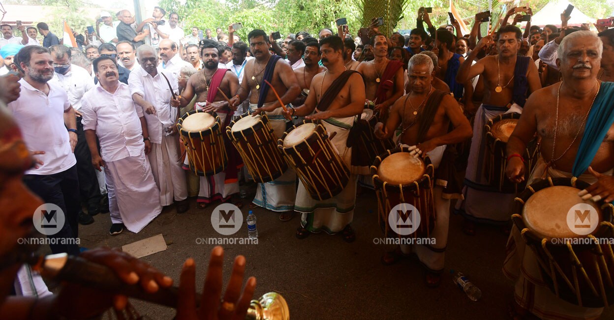 Rahul Gandhi Rahul Gandhi (left) watches a 'chenda melam' led by Peruvanam Kuttan Marar (extreme right) at the Thuravoor Temple near Cherthala in Alappuzha district on Tuesday. Photo: Manorama