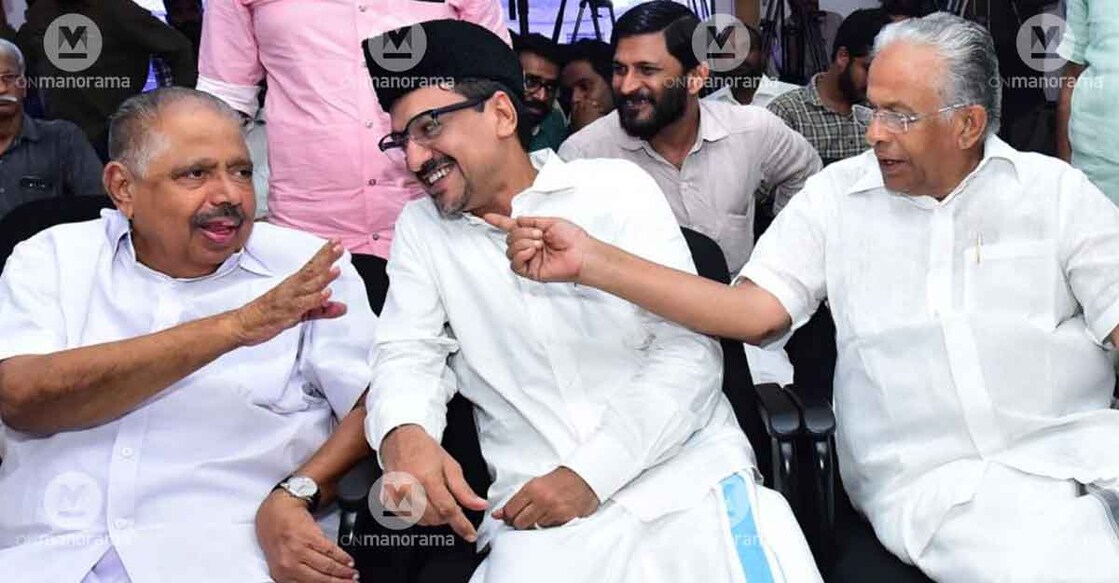 IUML state president Panakkad Sadiq Ali Shihab Thangal is flanked by Aryadan Mohammed (left) and IUML MP ET Mohammed Basheer. Photo: Manorama Archives