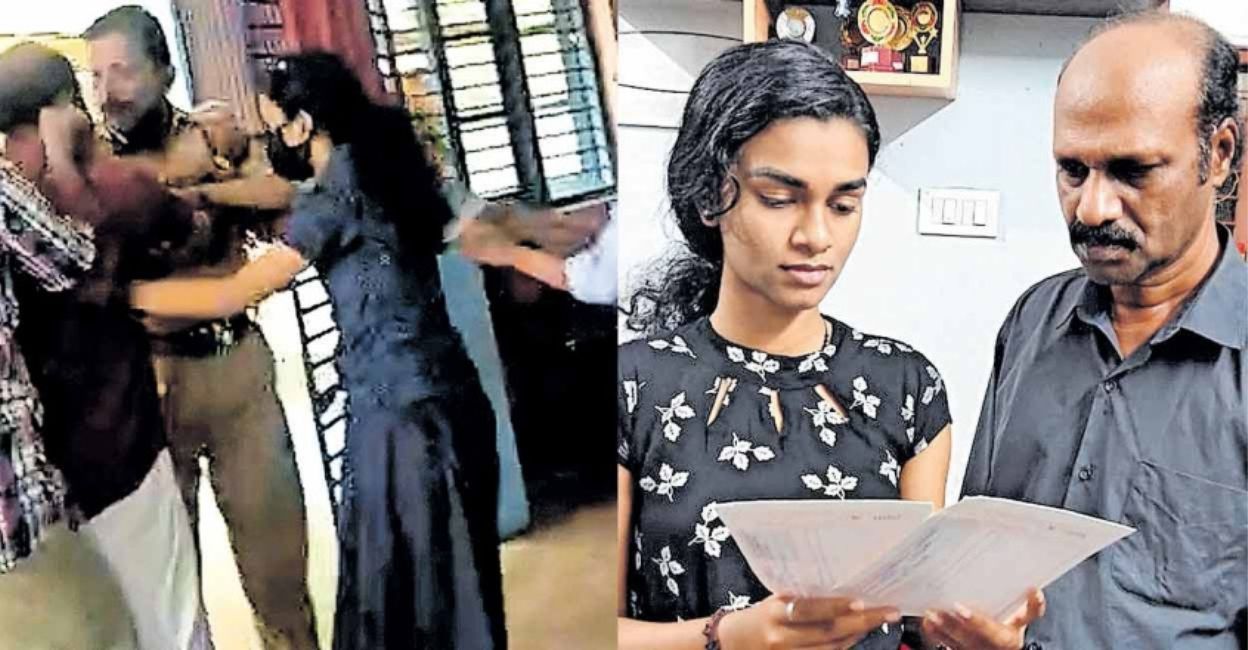 (Left) A grab from the video of Premanan's assault by the KSRTC officials. (Right) Reshma and Premanan with the renewed concession card. Photo: Manorama Online. 