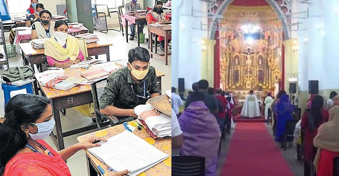 Representational images of government employees at work (left) and a mass held in a church. 