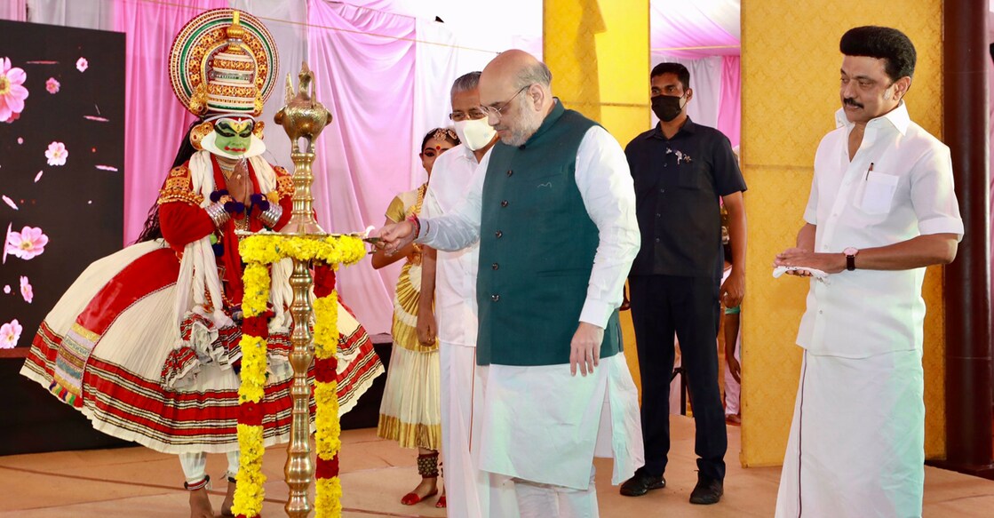 Union Home Minister Amit Shah with Kerala Chief Minister Pinarayi Vijayan and Tamil Nadu Chief Minister MK Stalin. Photo: Amit Shah/Twitter