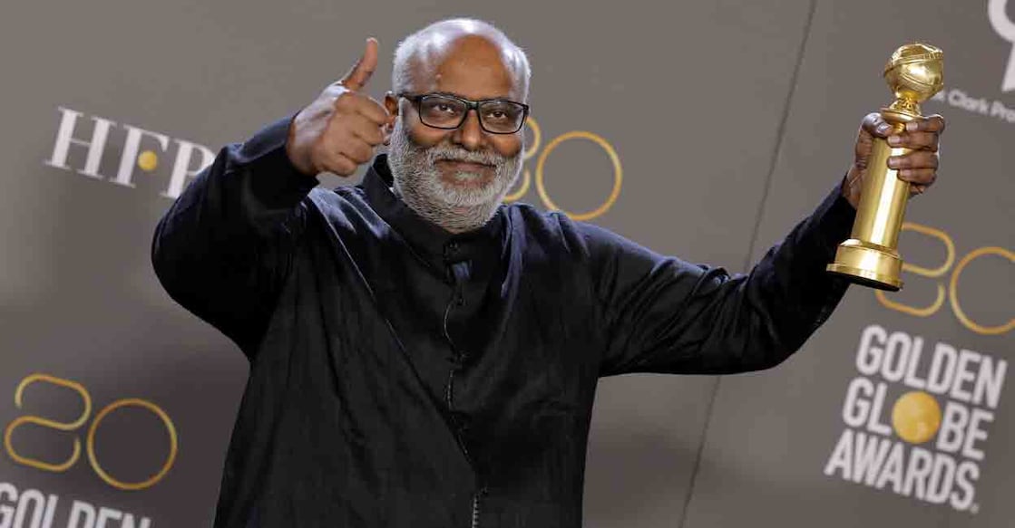 M M Keeravani poses with the Best Original Song award for "Naatu Naatu" for "RRR" in the press room during the 80th Annual Golden Globe Awards at The Beverly Hilton on January 10, 2023 in Beverly Hills, California. Photo: Amy Sussman/Getty Images/AFP 