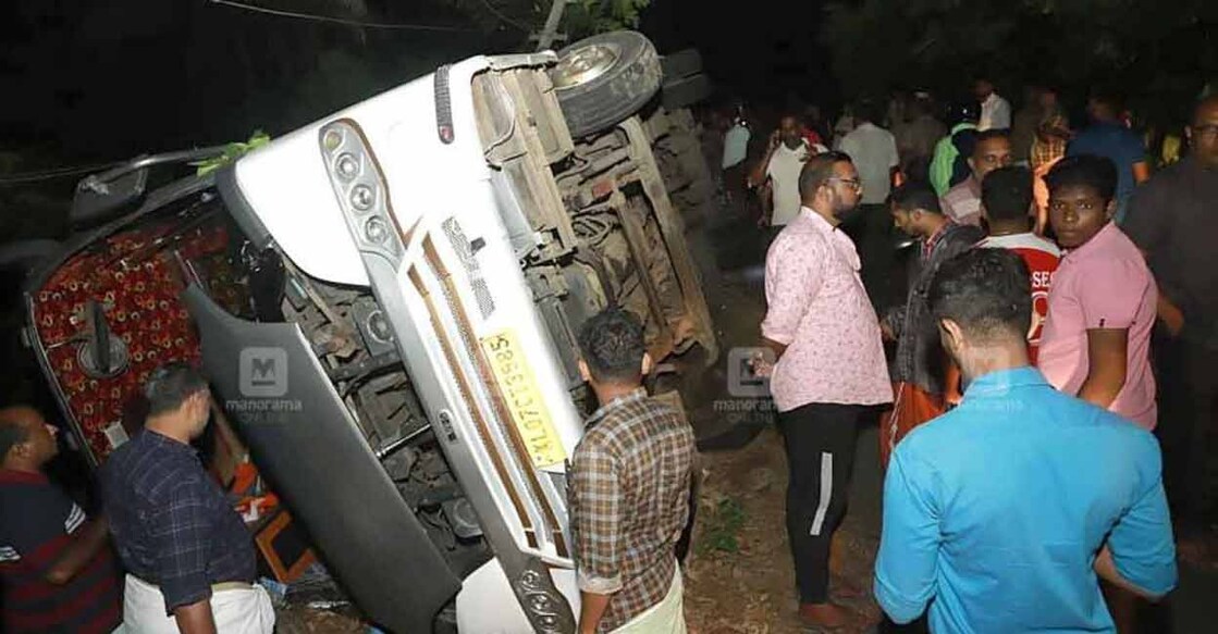 The bus accident at Koovappally on the Vagamon-Thodupuzha Road Saturday evening. Photo: Manorama