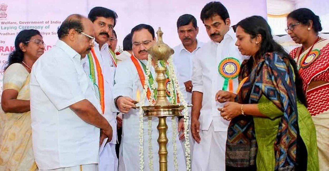 sudhkaran-med-col G Sudhakaran (left) beside then Union Health Minister JP Nadda during the foundation stone-laying ceremony of the Super Specialty Block in February 2016. Photo: Facebook: @Comrade.G.Sudhakaran