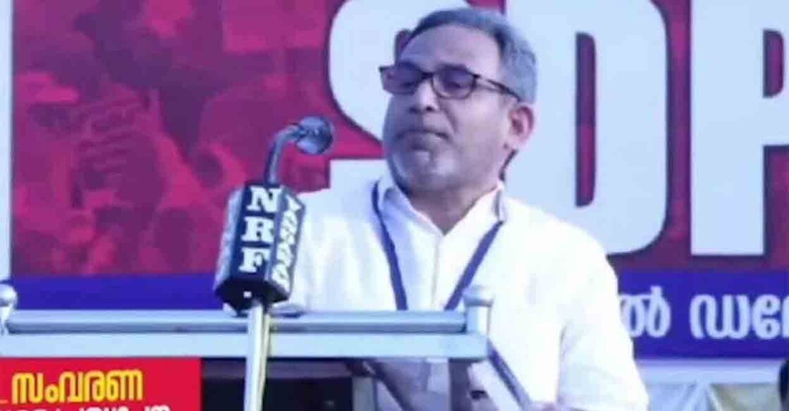 SDPI National President M K Faizy speaks at a protest meeting of the party held in Kochi. Photo: Screengrab/Manorama News