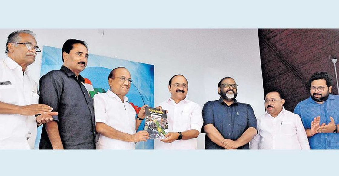 Opposition leader V D Satheesan and P K Kunjalikutty during the release of the white paper prepared by the UDF financial planning sub-committee in Thiruvananthapuram. Joy Abraham, N K Premachandran, C P John, M M Hassan and K S Sabarinathan can also be seen.