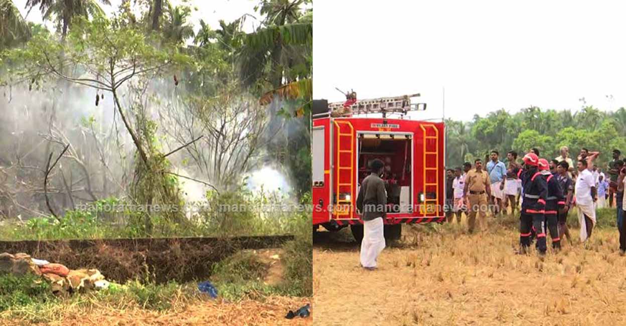 blast-thrissur-kundannur The spot where the explosion took place; Fire and Rescue Services personnel attempt put out the fire in Kundannur near Wadakkanchery. Photo: Manorama News