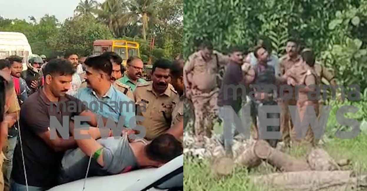 A team of policemen nab the accused from Kochi on Tuesday. Photos: Screenshots from Manorama News